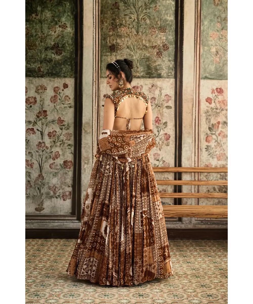DIYARAJVVIR - Caramel Print and Highlighted Blouse and Lehenga Set